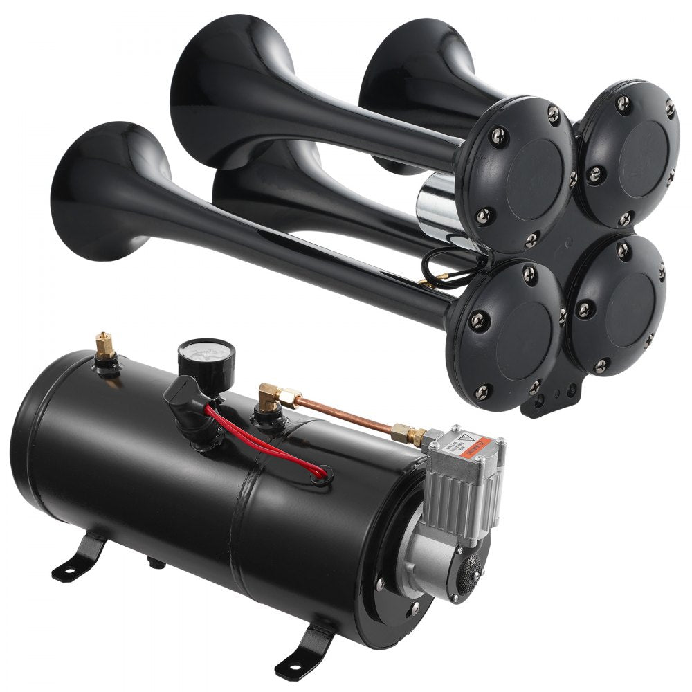 VEVOR Train Horns Kit, 4 Trumpet Air Horn Kit, 150dB Train Horns for Pickup Trucks, 12V 120 psi Air Compressor 0.8 Gal/3 L Tank with Gauge for Any 12V Vehicle Car Truck Train Van Boat