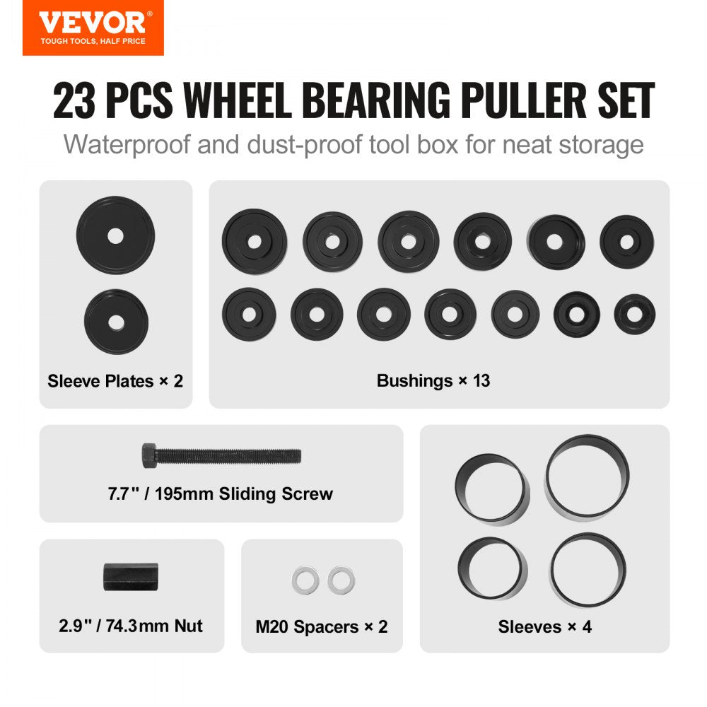 VEVOR Wheel Bearing Press Kit, 23 pcs FWD Bearing Puller Tools, for Front Wheel Drive Bearing Removal and Installation, Wheel Bearing Tool with Sliding Screws, Bushings, Sleeve Plates, Storage Case