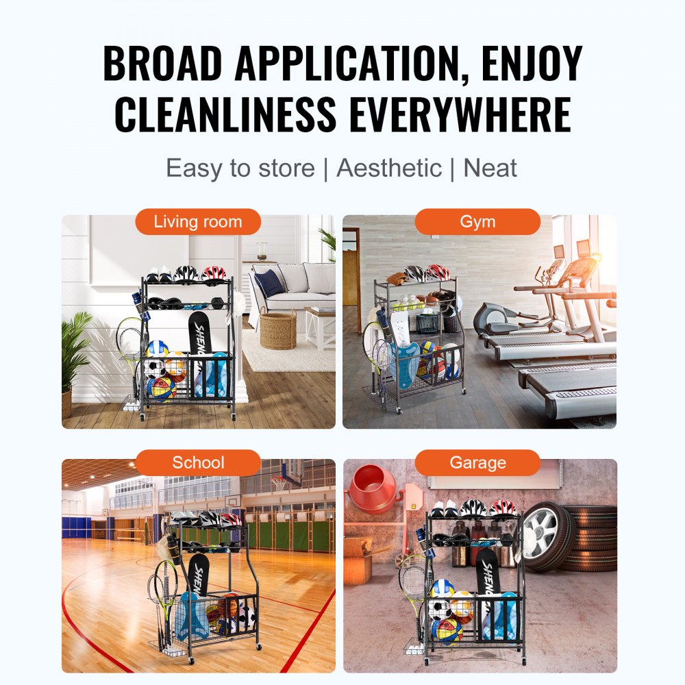 VEVOR Sports Equipment Garage Organizer, Rolling Ball Storage Cart on Wheels, Basketball Rack with Baskets & Hooks, Indoor/Outdoor Sports Gear and Toys Storage, Steel Sports Equipment Organizer, Black
