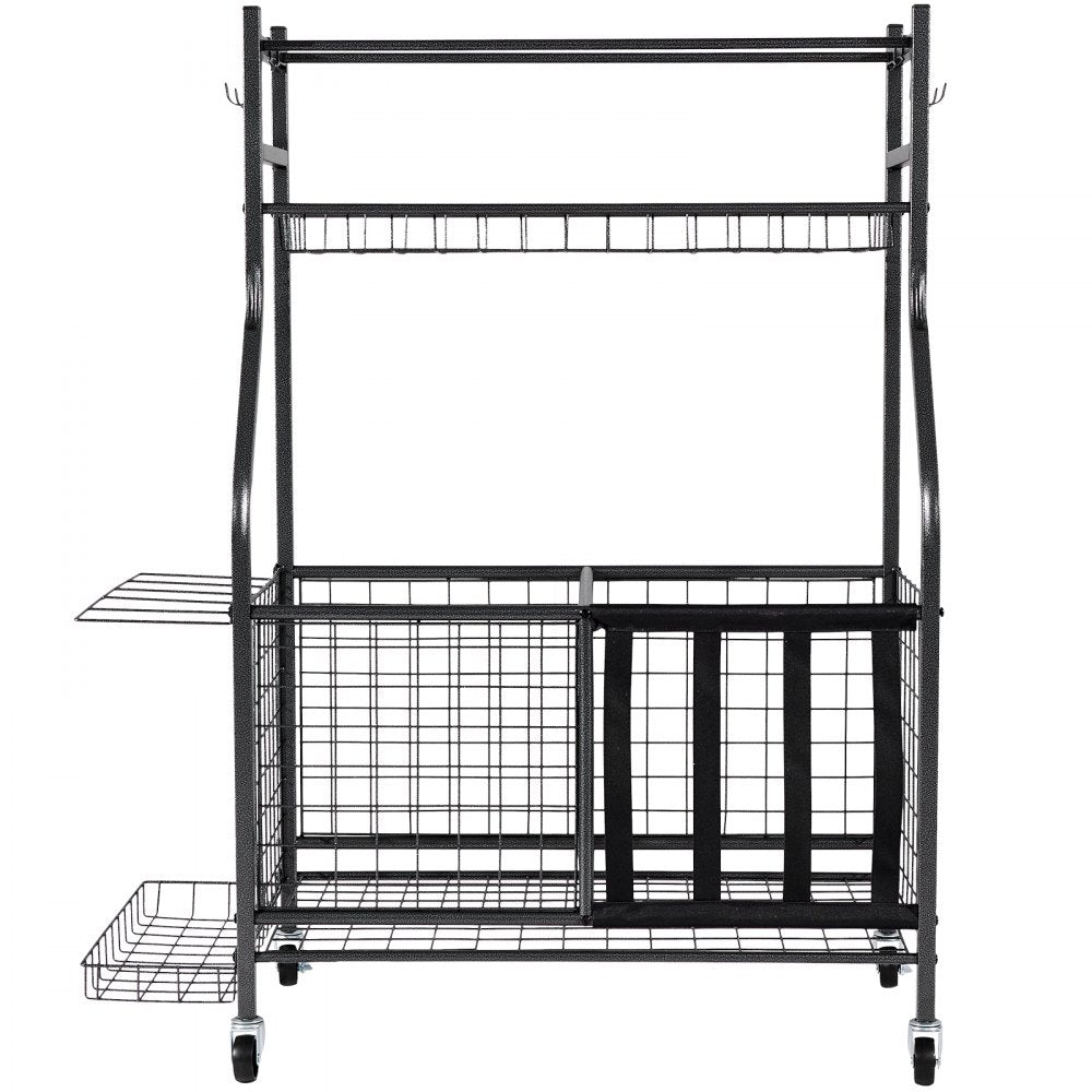 VEVOR Sports Equipment Garage Organizer, Rolling Ball Storage Cart on Wheels, Basketball Rack with Baskets & Hooks, Indoor/Outdoor Sports Gear and Toys Storage, Steel Sports Equipment Organizer, Black