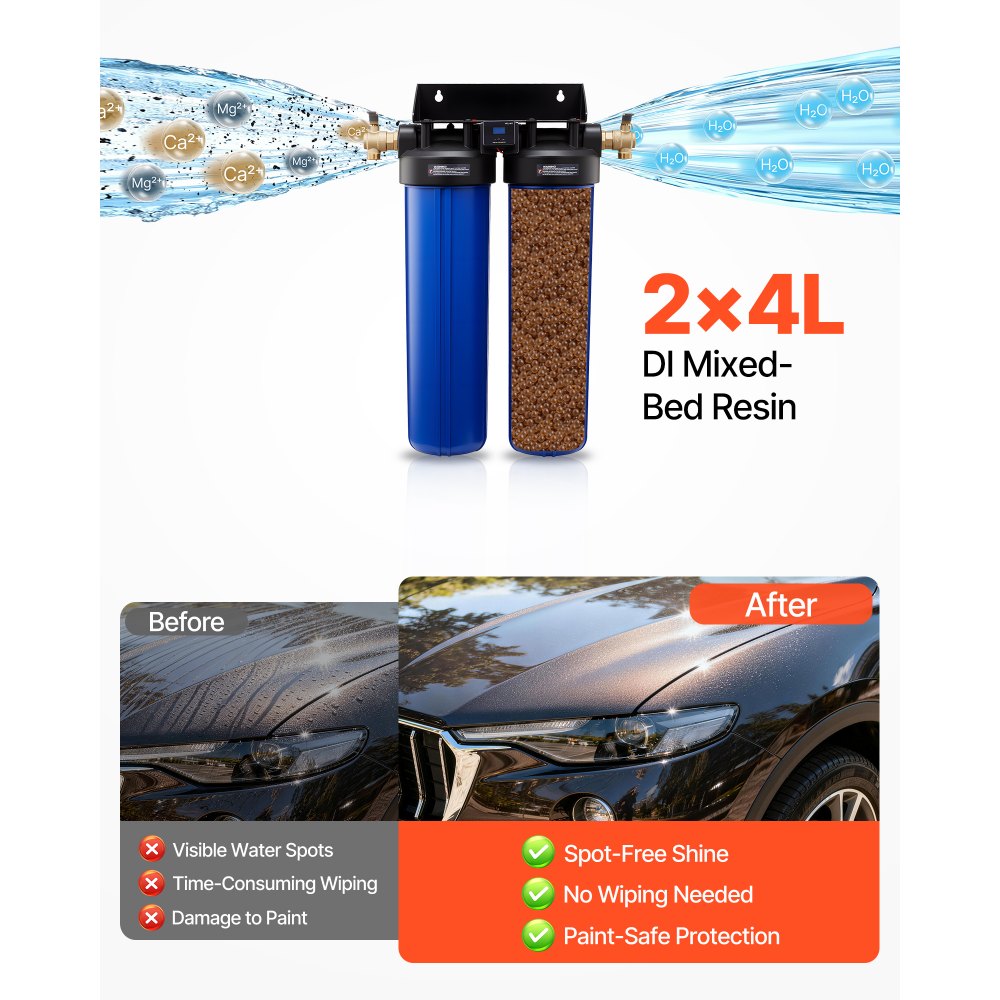 VEVOR Deionized Water System for Car Wash, Spotless Car Wash Water System with 2 x 4L DI Resin, Bypass Valve & TDS Meter, Spot-Free Deionized Water Filter for Cars RVs Motorcycles Windows