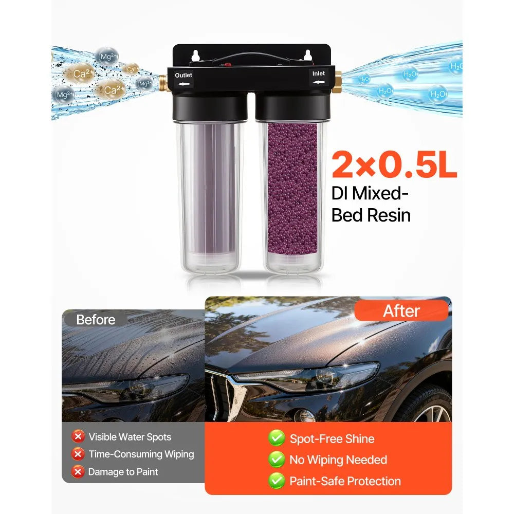 VEVOR Deionized Water System for Car Wash, Spotless Car Wash Water System with 2 x 0.5L Color Changing Resin, Spot-Free Deionized Water Filter for Cars RVs Motorcycles Windows