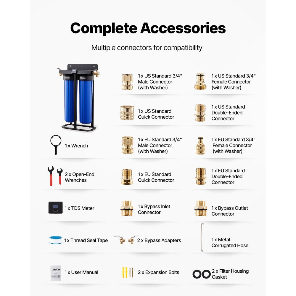 VEVOR Deionized Water System for Car Wash, Spotless Car Wash Water System with 2 x 4L DI Resin, TDS Meter & Bypass Valve, Spot-Free Deionized Water Filter for Cars RVs Motorcycles Windows