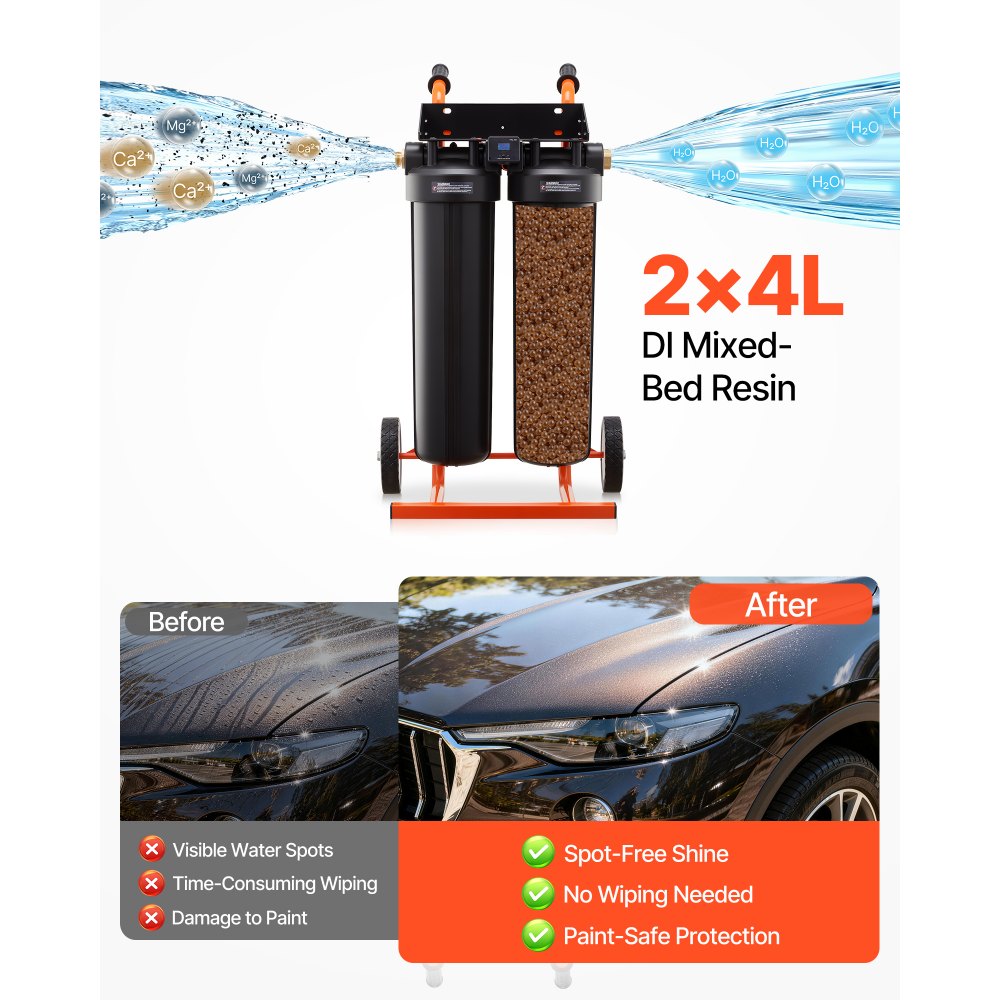 VEVOR Deionized Water System for Car Wash, Spotless Car Wash Water System with 2 x 4L DI Resin & TDS Meter, Portable Sport-Free Water Deionizer Filter for Cars RVs Motorcycles Windows