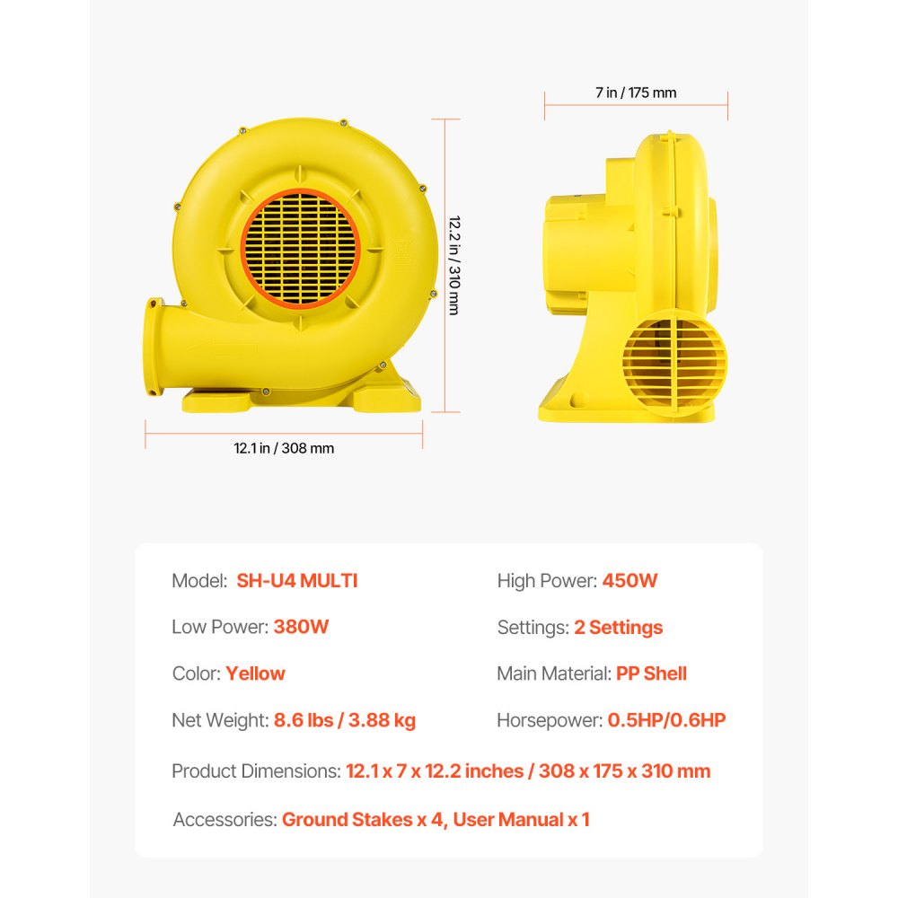 VEVOR Inflatable Blower, 380W&450W, 0.5 & 0.6 HP Bounce House Blower, Pump Commercial Air Blower for Inflatables, Bouncy Castle Electric Air Blower Fan Perfect for Bounce House, Waterslides, Yellow