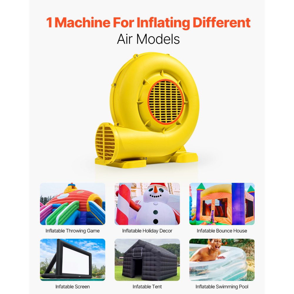 VEVOR Inflatable Blower, 680&750W, 1.0HP Bounce House Blower, Pump Commercial Air Blower for Inflatables, 3400RPM Bouncy Castle Electric Air Blower Fan Perfect for Bounce House, Waterslides, Yellow
