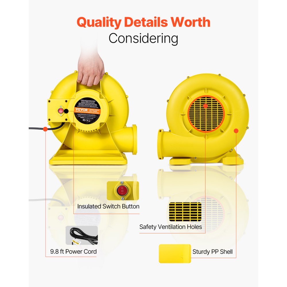 VEVOR Inflatable Blower, 680&750W, 1.0HP Bounce House Blower, Pump Commercial Air Blower for Inflatables, 3400RPM Bouncy Castle Electric Air Blower Fan Perfect for Bounce House, Waterslides, Yellow