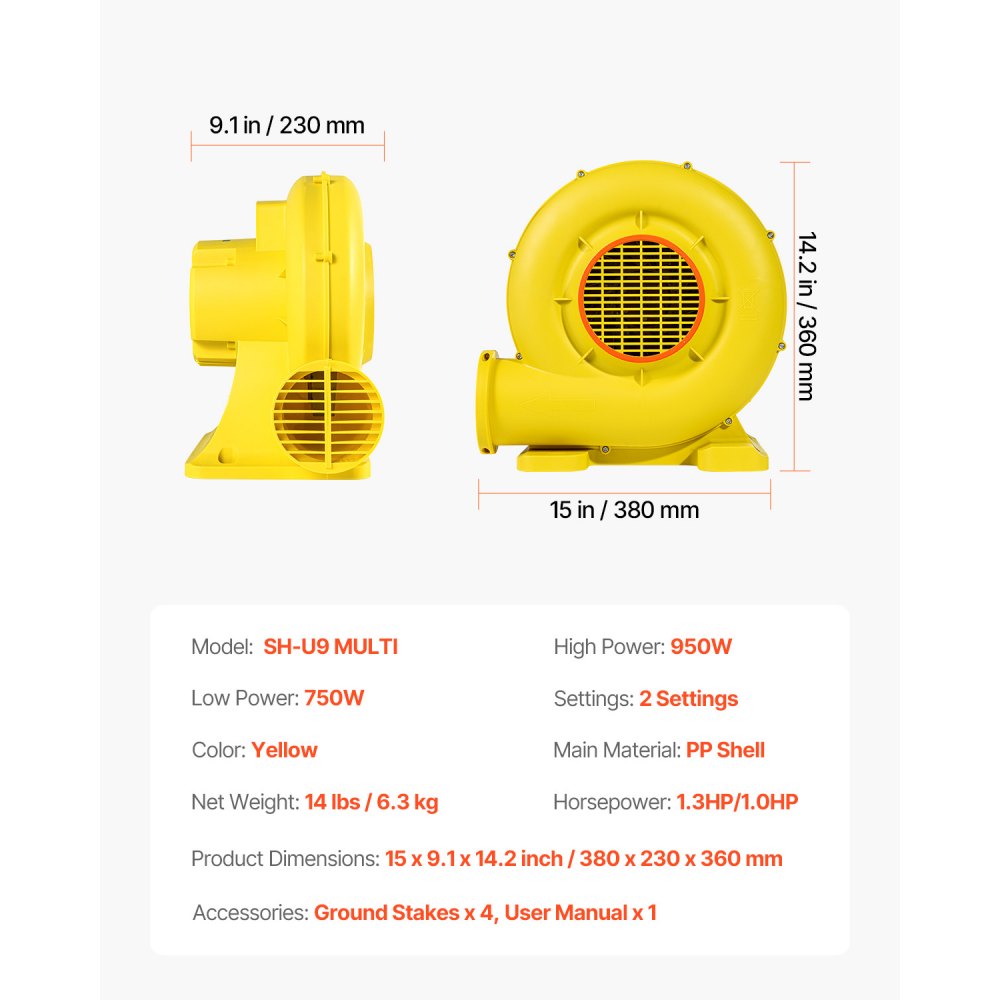 VEVOR Inflatable Blower, 750W&950W, 1.3 HP Bounce House Blower, Pump Commercial Air Blower for Inflatables, 3300RPM Bouncy Castle Electric Air Blower Fan Perfect for Bounce House, Waterslides, Yellow
