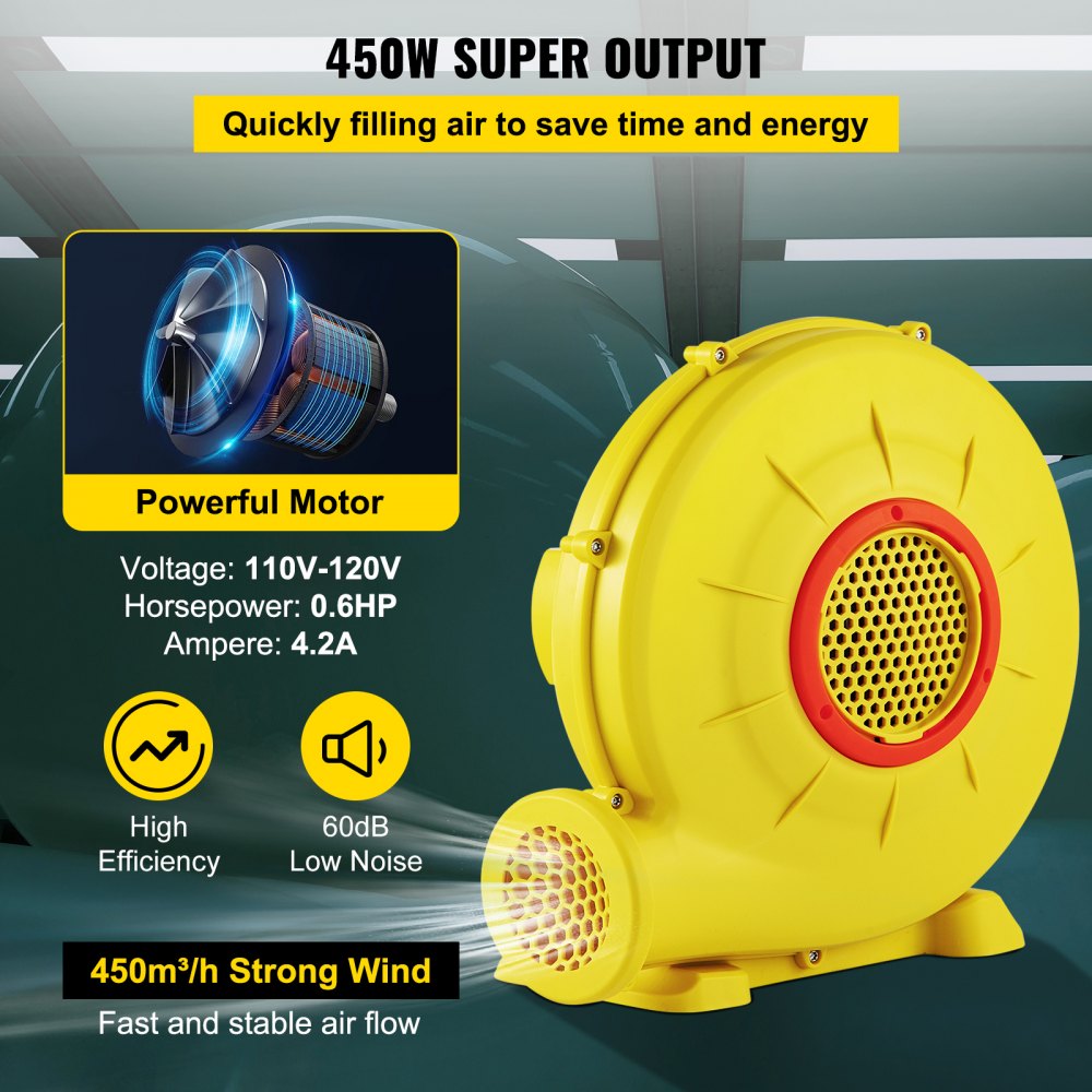 VEVOR Air Blower, 450W 0.6HP Inflatable Blower, Portable and Powerful Bounce House Blower, 1750Pa Commercial Air Blower Pump Fan, Used for Inflatable Bouncy Castle and Jump  Tested to UL Standards