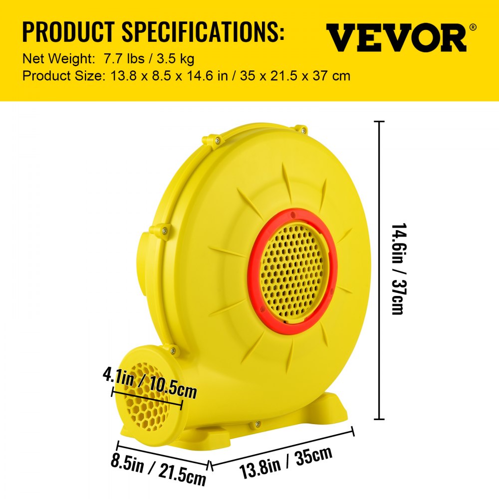 VEVOR Air Blower, 450W 0.6HP Inflatable Blower, Portable and Powerful Bounce House Blower, 1750Pa Commercial Air Blower Pump Fan, Used for Inflatable Bouncy Castle and Jump  Tested to UL Standards