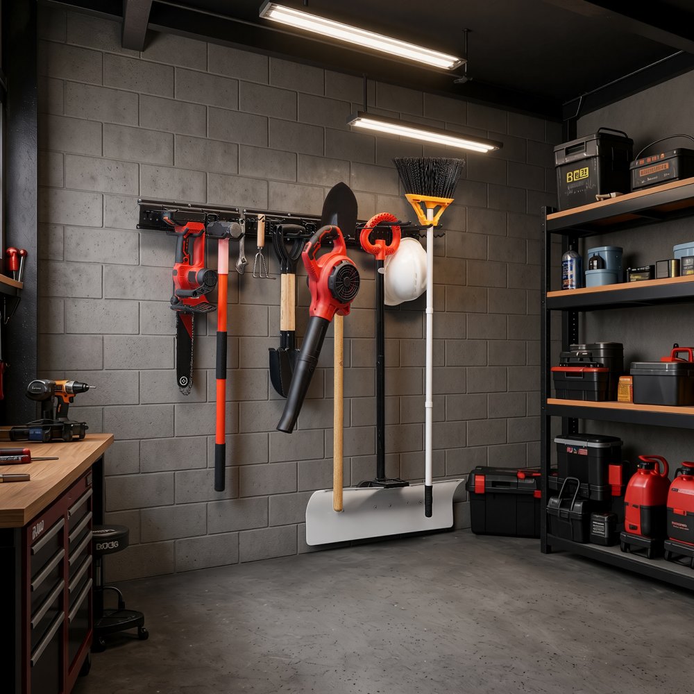 VEVOR Garage Tool Organizer 49.5 Inch 600 lbs Wall Mount Garden Tool Rack, Heavy Duty Garage Hanging Storage Rack Organization with 3 Rails and 12 Adjustable Hooks, for Yard Tools, Shovel, Rake, Shed
