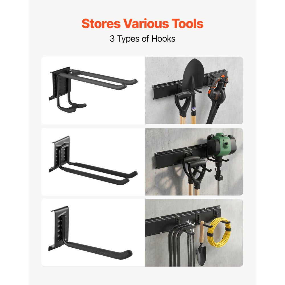 VEVOR Garage Tool Organizer 49.5 Inch 600 lbs Wall Mount Garden Tool Rack, Heavy Duty Garage Hanging Storage Rack Organization with 3 Rails and 9 Adjustable Hooks, for Yard Tools, Shovel, Rake, Shed