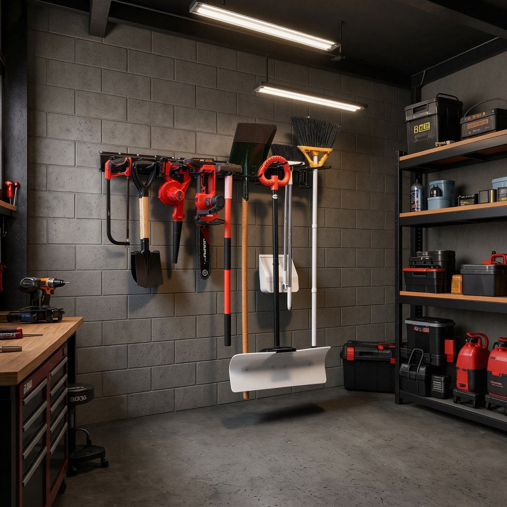 VEVOR Garage Tool Organizer 49.5 Inch 600 lbs Wall Mount Garden Tool Rack, Heavy Duty Garage Hanging Storage Rack Organization with 3 Rails and 9 Adjustable Hooks, for Yard Tools, Shovel, Rake, Shed