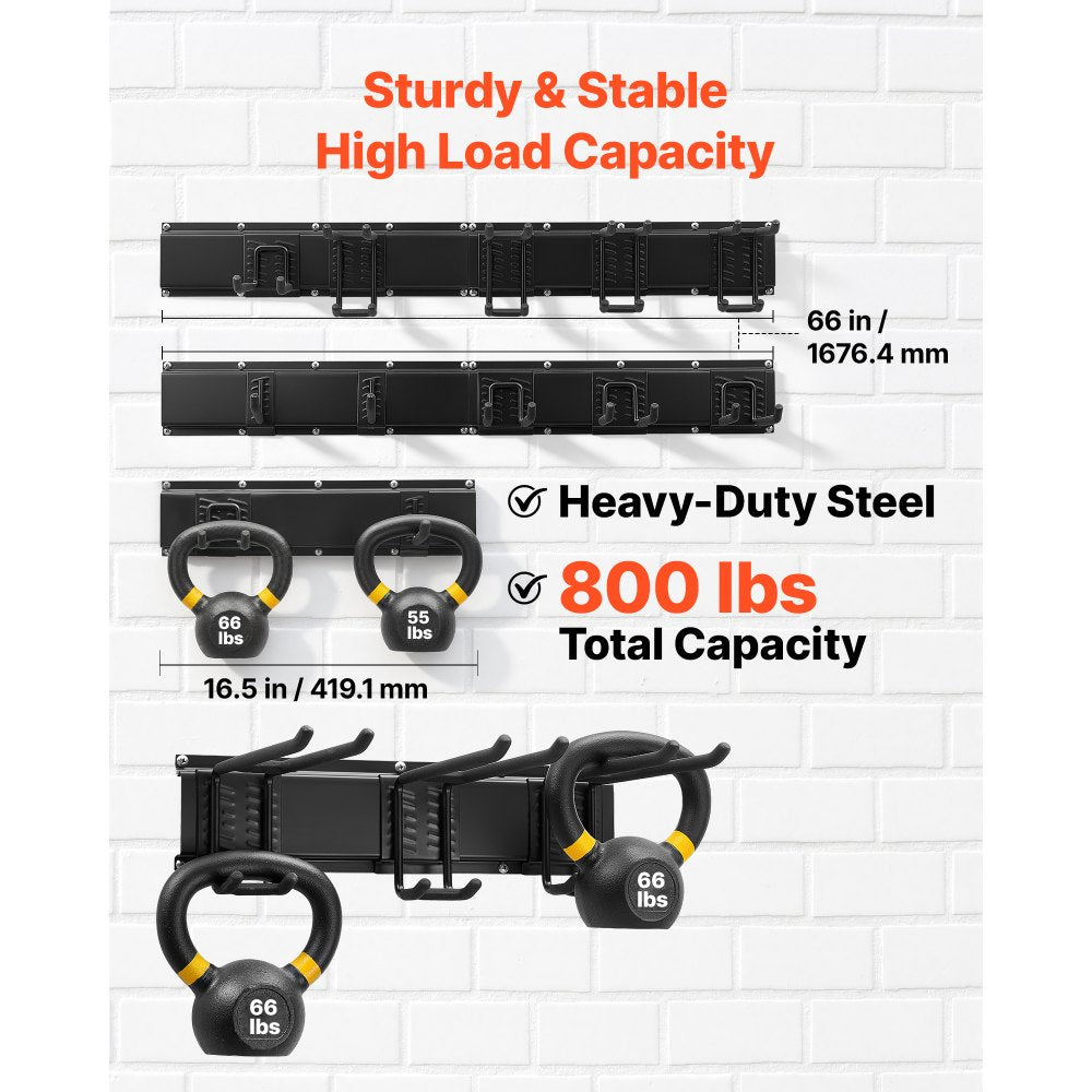 VEVOR Garage Tool Organizer 66 Inch 800 lbs Wall Mount Garden Tool Rack, Heavy Duty Garage Hanging Storage Rack Organization with 4 Rails and 10 Adjustable Hooks, for Yard Tools, Shovel, Rake, Shed