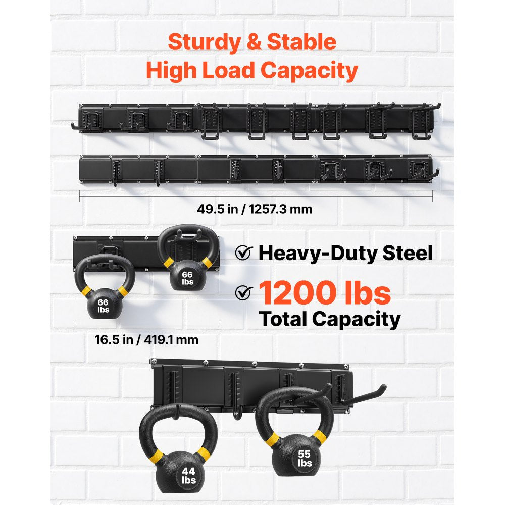 VEVOR Garage Tool Organizer 99 Inch 1200 lbs Wall Mount Garden Tool Rack, Heavy Duty Garage Hanging Storage Rack Organization with 6 Rails and 16 Adjustable Hooks, for Yard Tools, Shovel, Rake, Shed