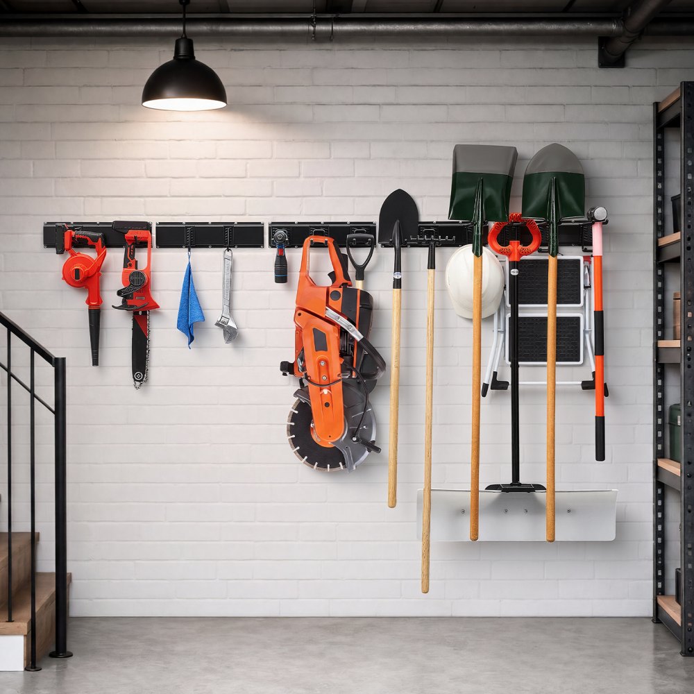 VEVOR Garage Tool Organizer 99 Inch 1200 lbs Wall Mount Garden Tool Rack, Heavy Duty Garage Hanging Storage Rack Organization with 6 Rails and 16 Adjustable Hooks, for Yard Tools, Shovel, Rake, Shed