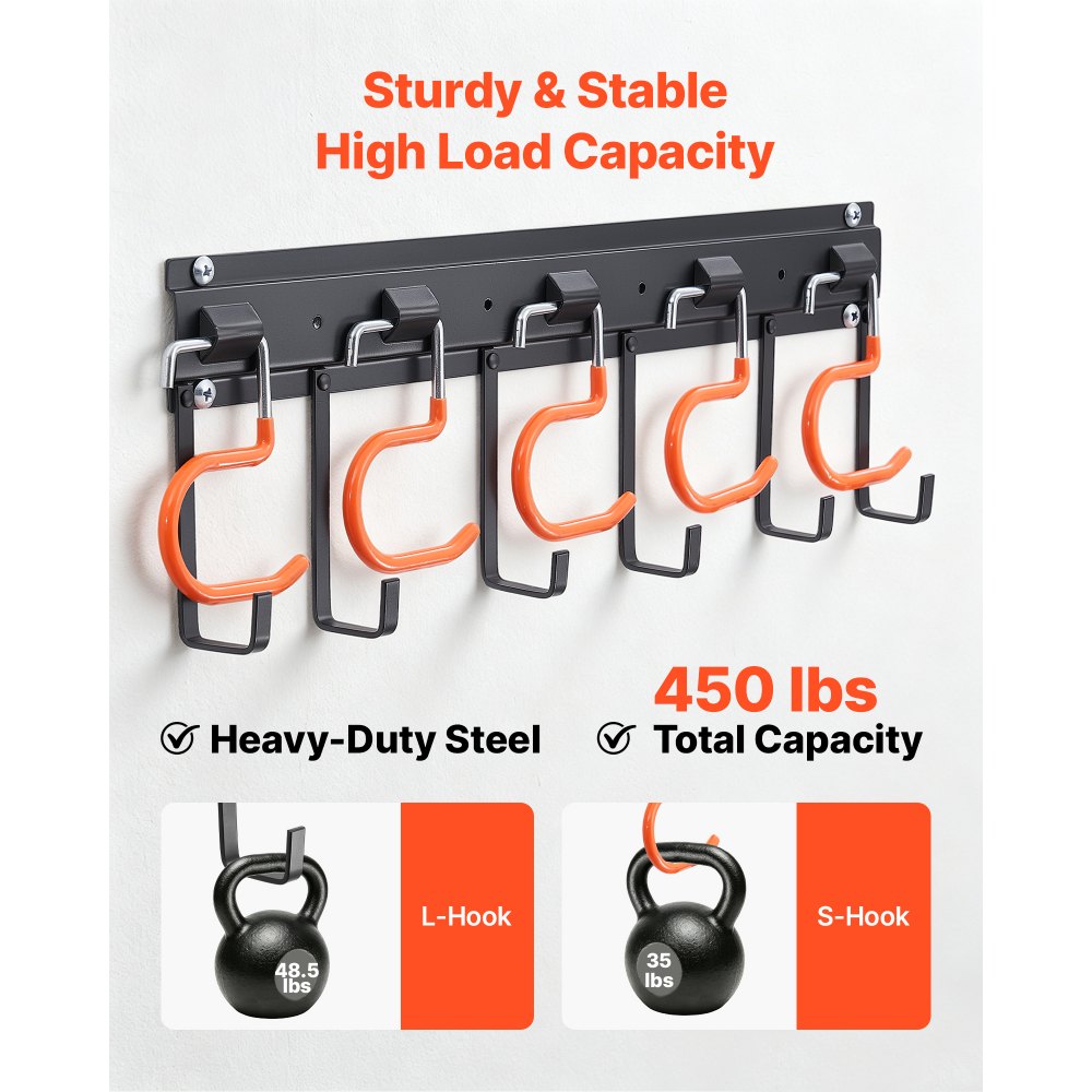 VEVOR Garage Tool Organizer 68 Inch 450 lbs Wall Mount Garden Tool Rack, Heavy Duty Hanging Storage Organization, 4 Rails with 24 Fixed L-Hooks, 20 Adjustable S-Hooks, for Yard Tools, Shovel, Shed