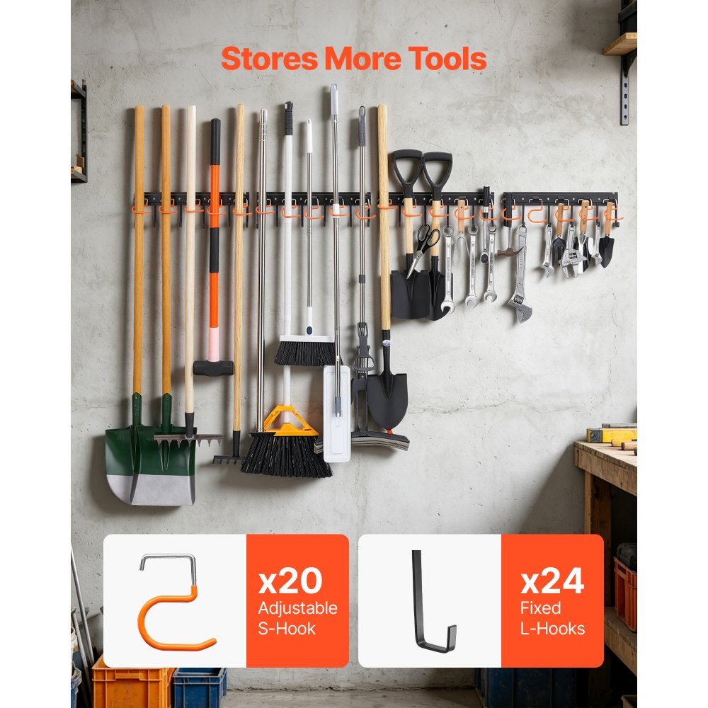 VEVOR Garage Tool Organizer 68 Inch 450 lbs Wall Mount Garden Tool Rack, Heavy Duty Hanging Storage Organization, 4 Rails with 24 Fixed L-Hooks, 20 Adjustable S-Hooks, for Yard Tools, Shovel, Shed