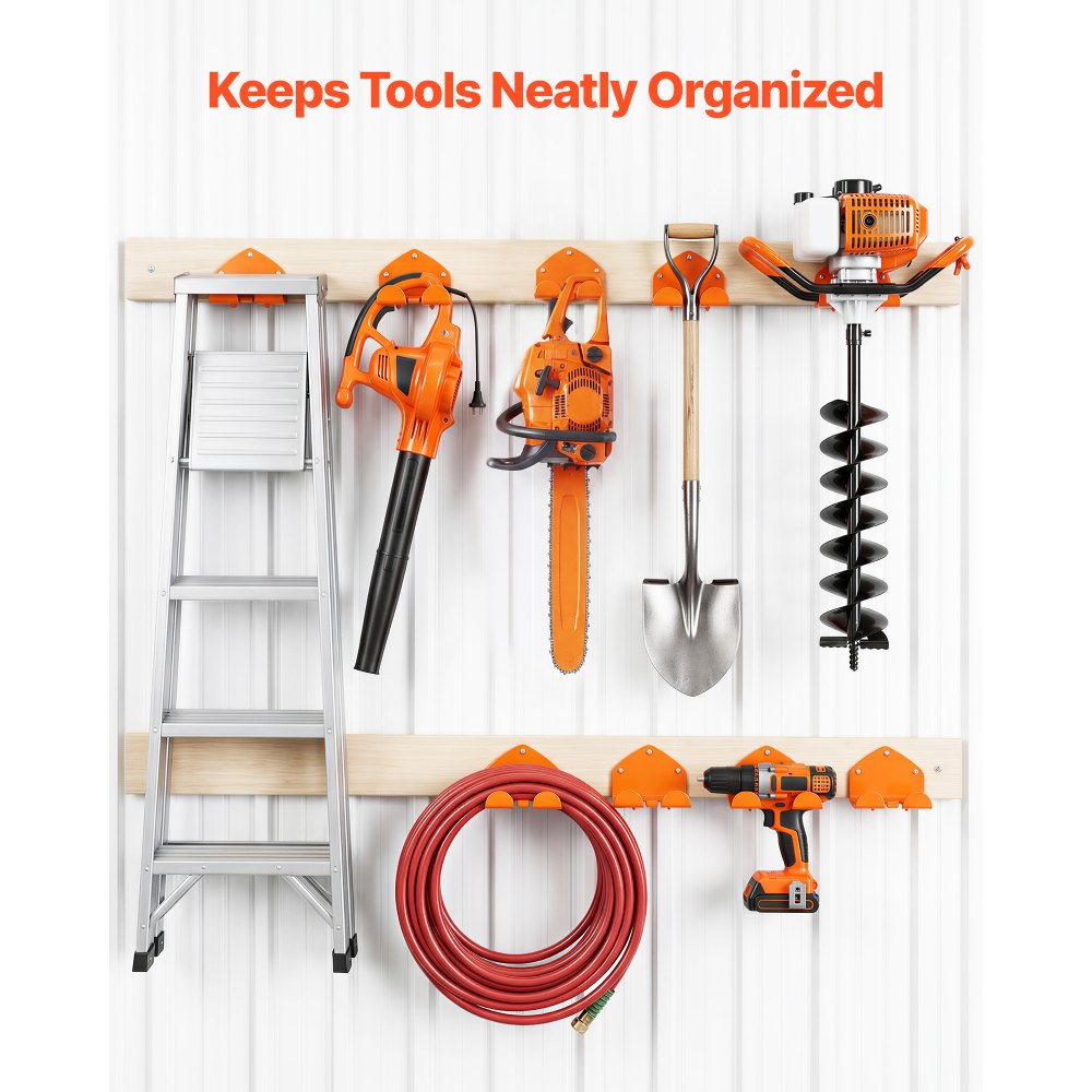 VEVOR Garage Organizer Trimmer Rack 5.9 Inch 2 Pack 180 lbs Total Load, Wall Mounted Garden Power Tool Hanger Weed Whackers Holder for Grass/Hedge Trimmer, Leaf Blower, Chainsaw, Garden Tools, Orange
