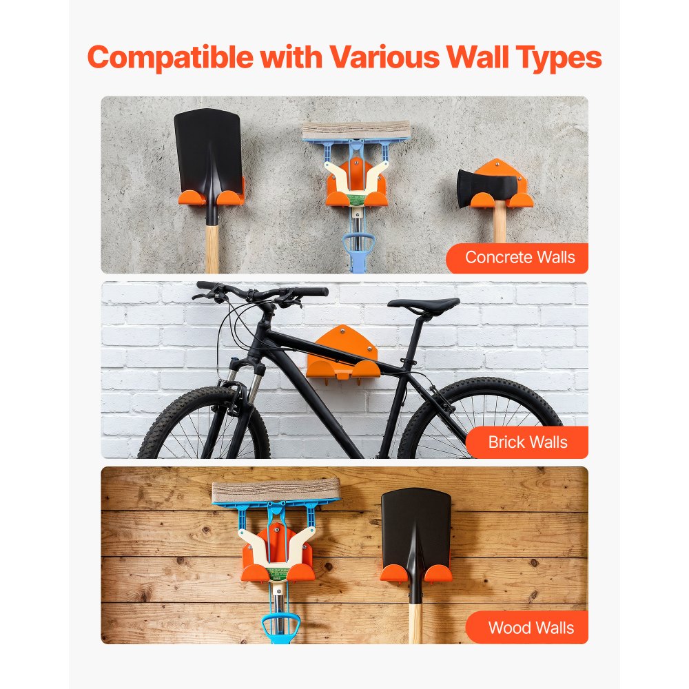 VEVOR Garage Organizer Trimmer Rack 5.9 Inch 2 Pack 180 lbs Total Load, Wall Mounted Garden Power Tool Hanger Weed Whackers Holder for Grass/Hedge Trimmer, Leaf Blower, Chainsaw, Garden Tools, Orange
