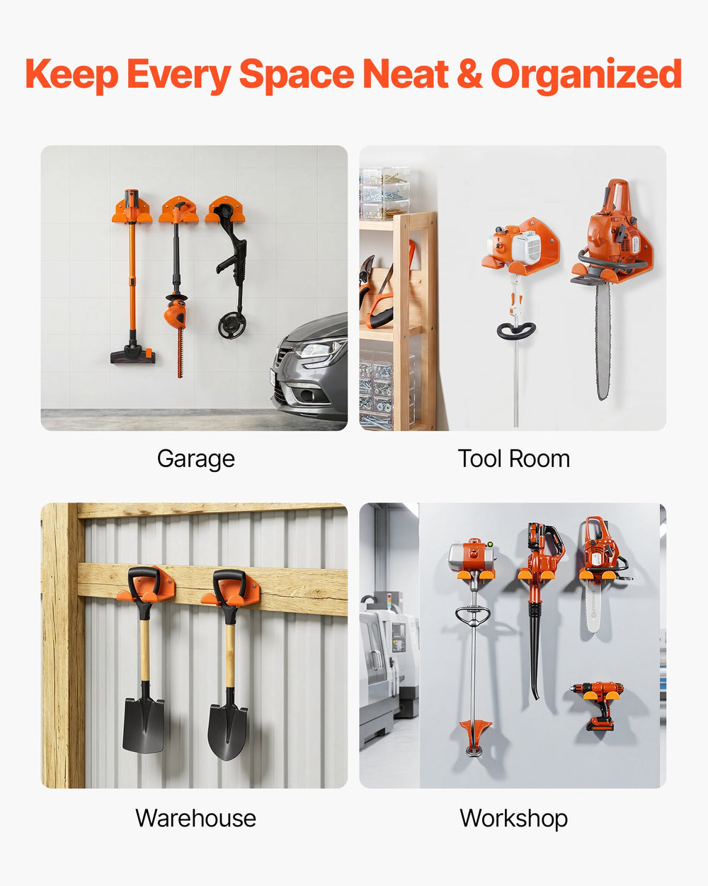 VEVOR Garage Organizer Trimmer Rack 5.9 Inch 2 Pack 180 lbs Total Load, Wall Mounted Garden Power Tool Hanger Weed Whackers Holder for Grass/Hedge Trimmer, Leaf Blower, Chainsaw, Garden Tools, Orange