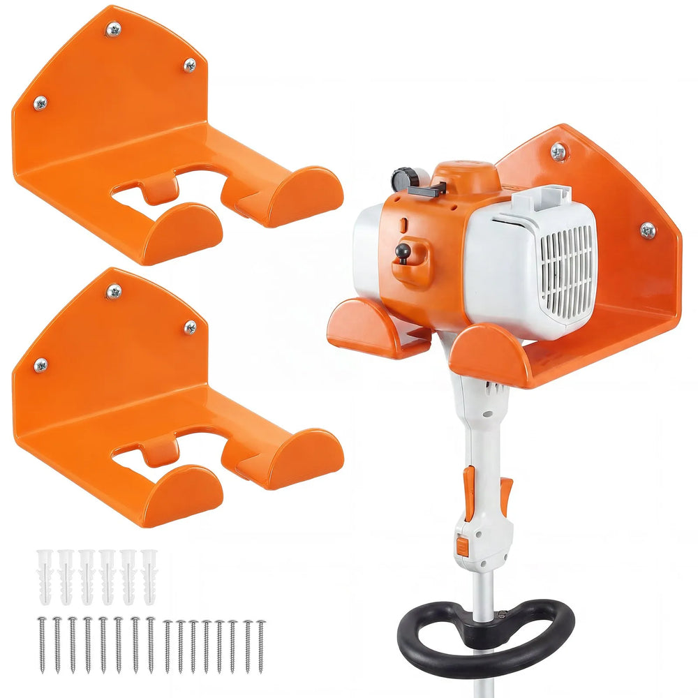 VEVOR Garage Organizer Trimmer Rack 5.9 Inch 2 Pack 180 lbs Total Load, Wall Mounted Garden Power Tool Hanger Weed Whackers Holder for Grass/Hedge Trimmer, Leaf Blower, Chainsaw, Garden Tools, Orange