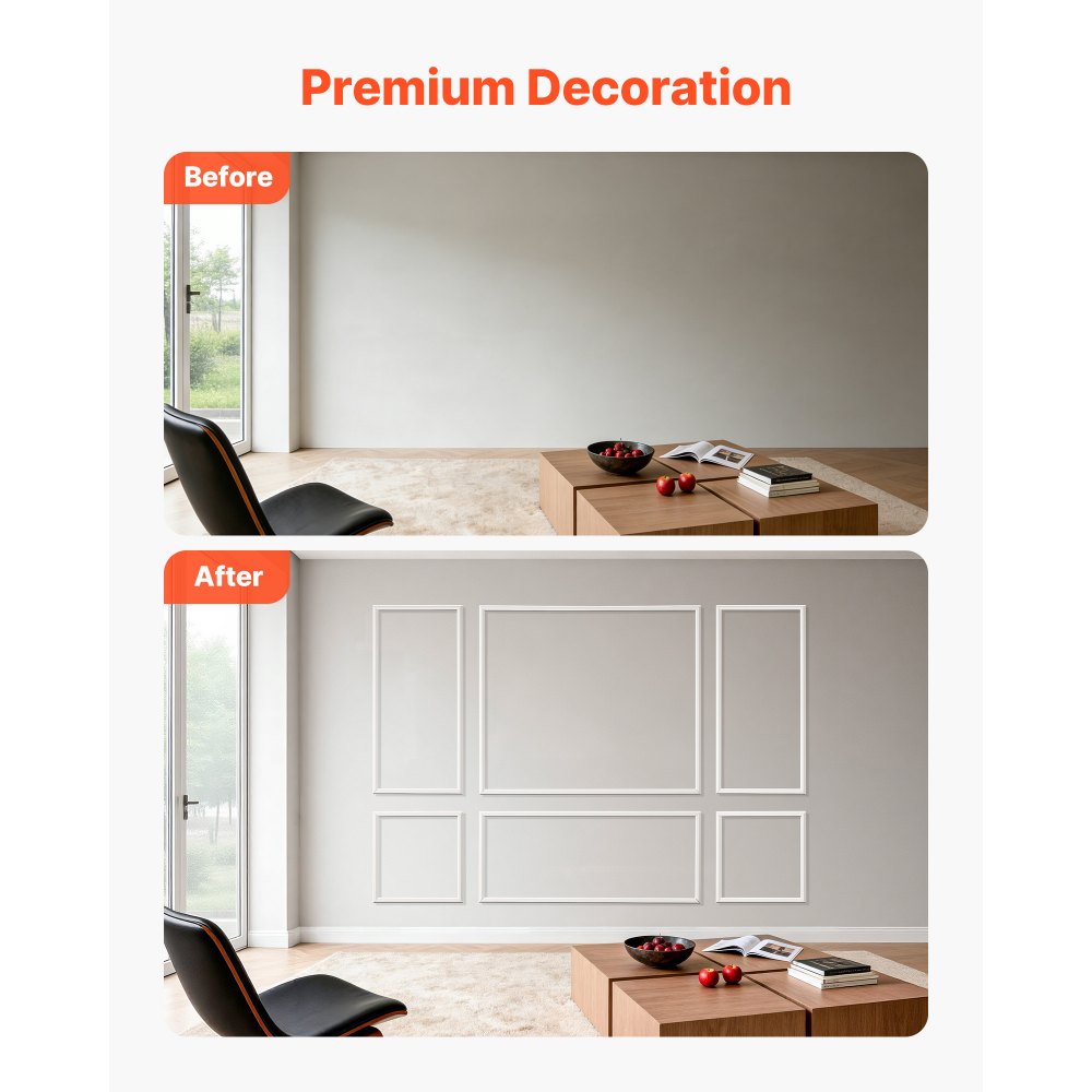 VEVOR Wall Molding 3 Pack, Wainscoting Panels Kit, Lightweight Paintable Polystyrene, Easy to Install Accent Wall Trim for Interior Décor Living Room, Bedroom, Home, White (23x56.3 + 23x23 in)