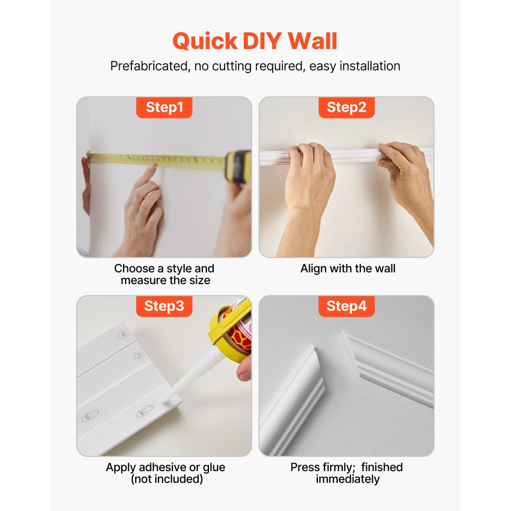 VEVOR Wall Molding 3 Pack, Wainscoting Panels Kit, Lightweight Paintable Polystyrene, Easy to Install, Waterproof Accent Wall Trim for Interior Décor Living Room, Bedroom, White (24x54 + 24x24 in)
