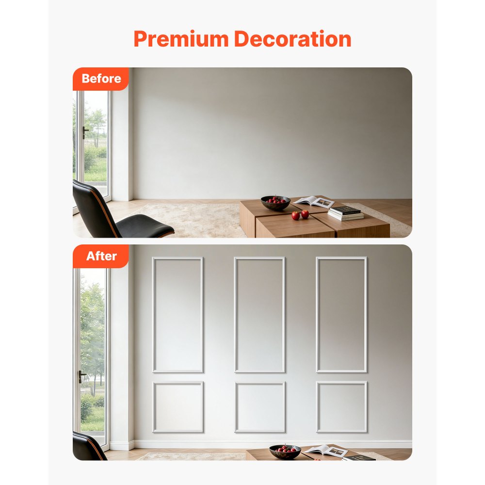 VEVOR Wall Molding 3 Pack, Wainscoting Panels Kit, Lightweight Paintable Polystyrene, Easy to Install, Waterproof Accent Wide Profile Trim for Interior Living Room, Bedroom,White (24x54 + 24x24 in)