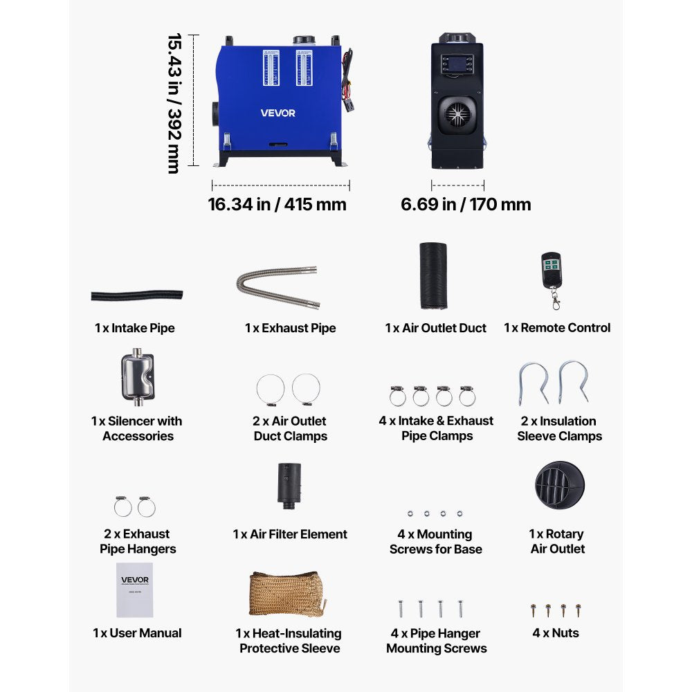 VEVOR Diesel Heater, 8KW, DC 12V/24V, All in One Portable Diesel Air Heater with Remote Control and LCD Screen, Fast Heating Low Noise, 1.3 Gal Fuel Tank for Vehicles, Vans, RVs, Campers, and Trucks