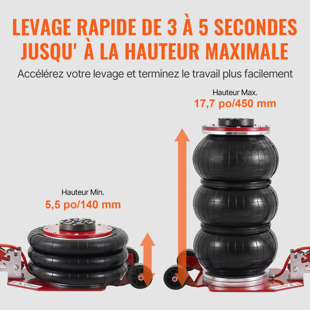 VEVOR Air Jack, 3 Ton/6600 lbs Triple Bag Air Jack, Airbag Jack with Six Steel Pipes, Lift up to 17.7", 3-5 s Fast Lifting Pneumatic Jack, with Adjustable Long Handle for Cars, Garages, Repair (Red)