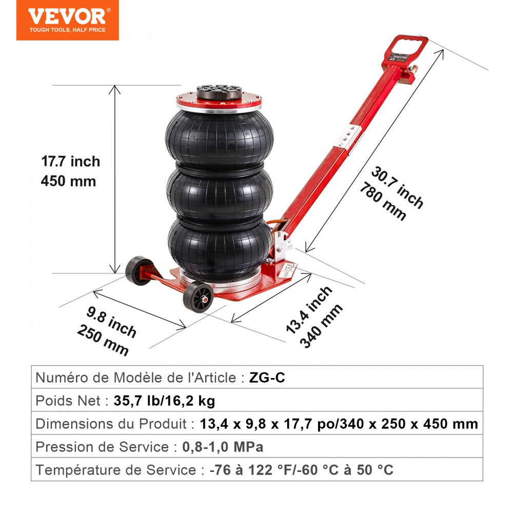 VEVOR Air Jack, 3 Ton/6600 lbs Triple Bag Air Jack, Airbag Jack with Six Steel Pipes, Lift up to 17.7", 3-5 s Fast Lifting Pneumatic Jack, with Adjustable Long Handle for Cars, Garages, Repair (Red)