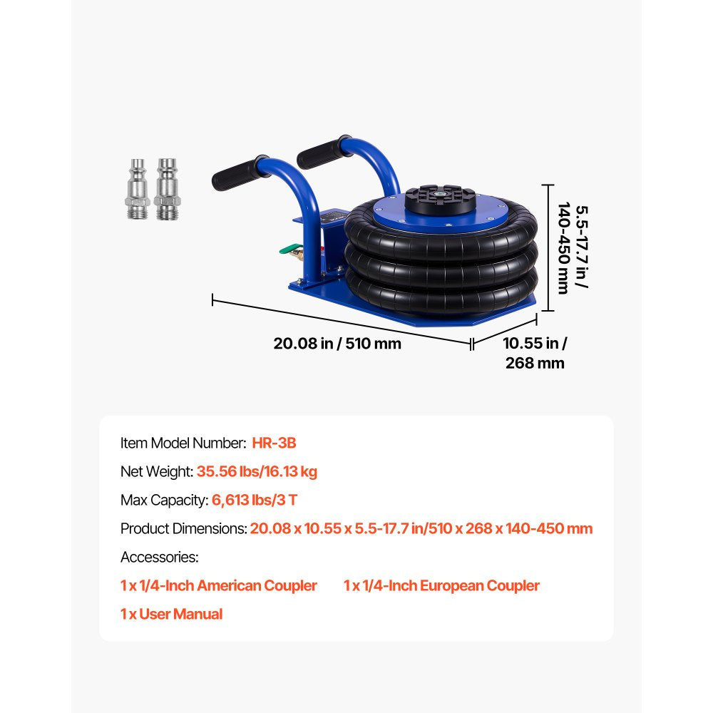 VEVOR Air Jack, 3 Ton/6613 lbs Triple Bag Air Jack, Airbag with Six Steel Pipes, Lift Up to 17.7 inch/450 mm, 1-6 s Fast Lifting Pneumatic with Short Handles for Car, SUV, Pickup Truck Repair, Garage