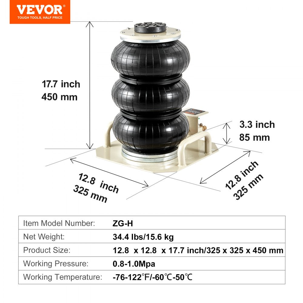 VEVOR Air Jack, 3 Ton/6600 lbs Triple Bag Air Jack, Airbag Jack with Six Steel Pipes, Lift up to 17.7 inch/450 mm, 3-5 s Fast Lifting Pneumatic Jack, with Side Handles for Car, Garage, Repair (White)