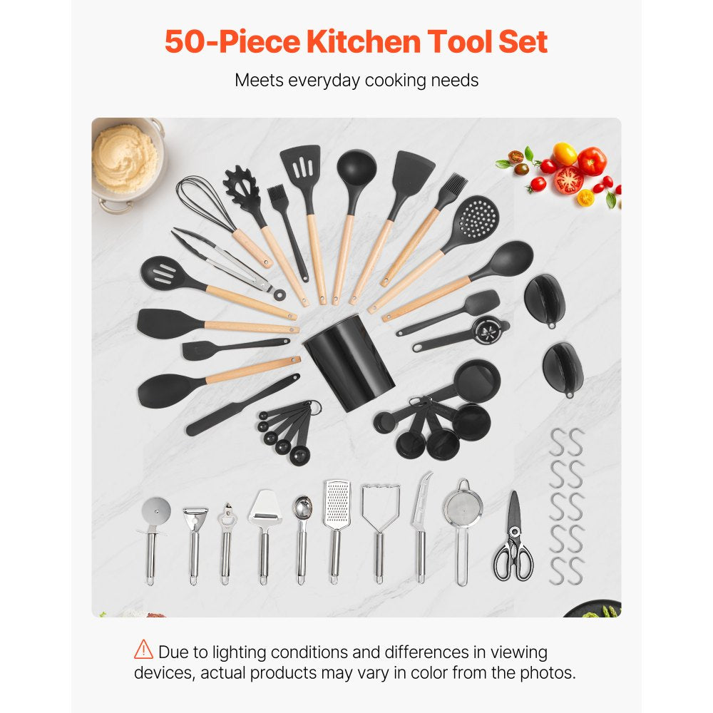 VEVOR Kitchen Cooking Utensils Set, 50 PCS Silicone Spatula Set with Holder, 428°F Heat Resistant Gadget Spoons Tools, Wooden Handle Home Essentials Accessories, Silicone Gadgets Cookware, Black