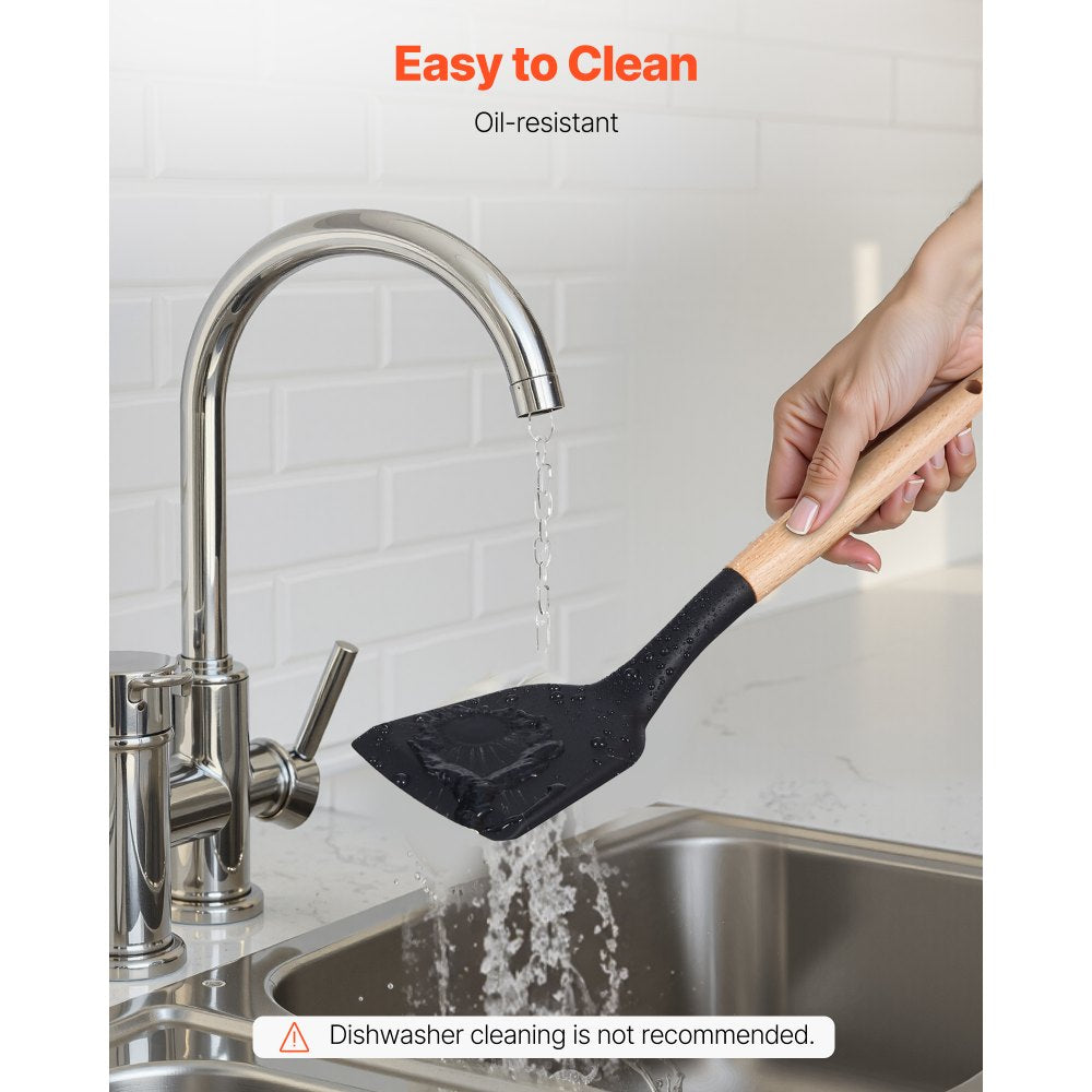 VEVOR Kitchen Cooking Utensils Set, 50 PCS Silicone Spatula Set with Holder, 428°F Heat Resistant Gadget Spoons Tools, Wooden Handle Home Essentials Accessories, Silicone Gadgets Cookware, Black
