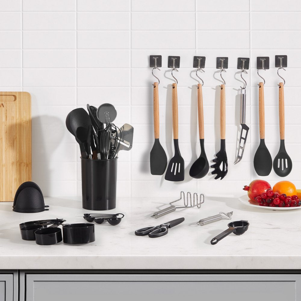 VEVOR Kitchen Cooking Utensils Set, 50 PCS Silicone Spatula Set with Holder, 428°F Heat Resistant Gadget Spoons Tools, Wooden Handle Home Essentials Accessories, Silicone Gadgets Cookware, Black