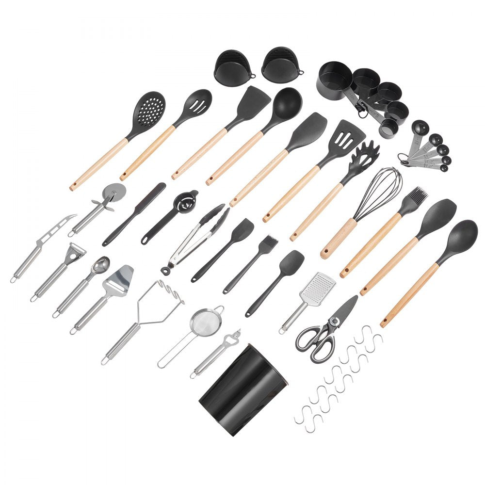 VEVOR Kitchen Cooking Utensils Set, 50 PCS Silicone Spatula Set with Holder, 428°F Heat Resistant Gadget Spoons Tools, Wooden Handle Home Essentials Accessories, Silicone Gadgets Cookware, Black