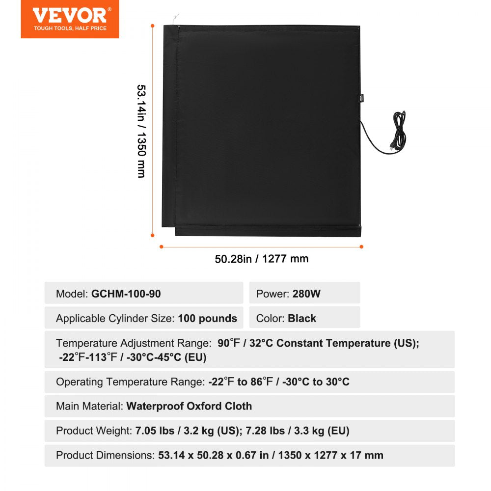 VEVOR Insulated Band Style Gas Cylinder Warmer, Fits 100 lbs Gas Tanks 280W Propane Heater, Fixed Internal Thermostat Max Temp 90 ℉, Durable Waterproof Oxford Fabric, FCC Listed