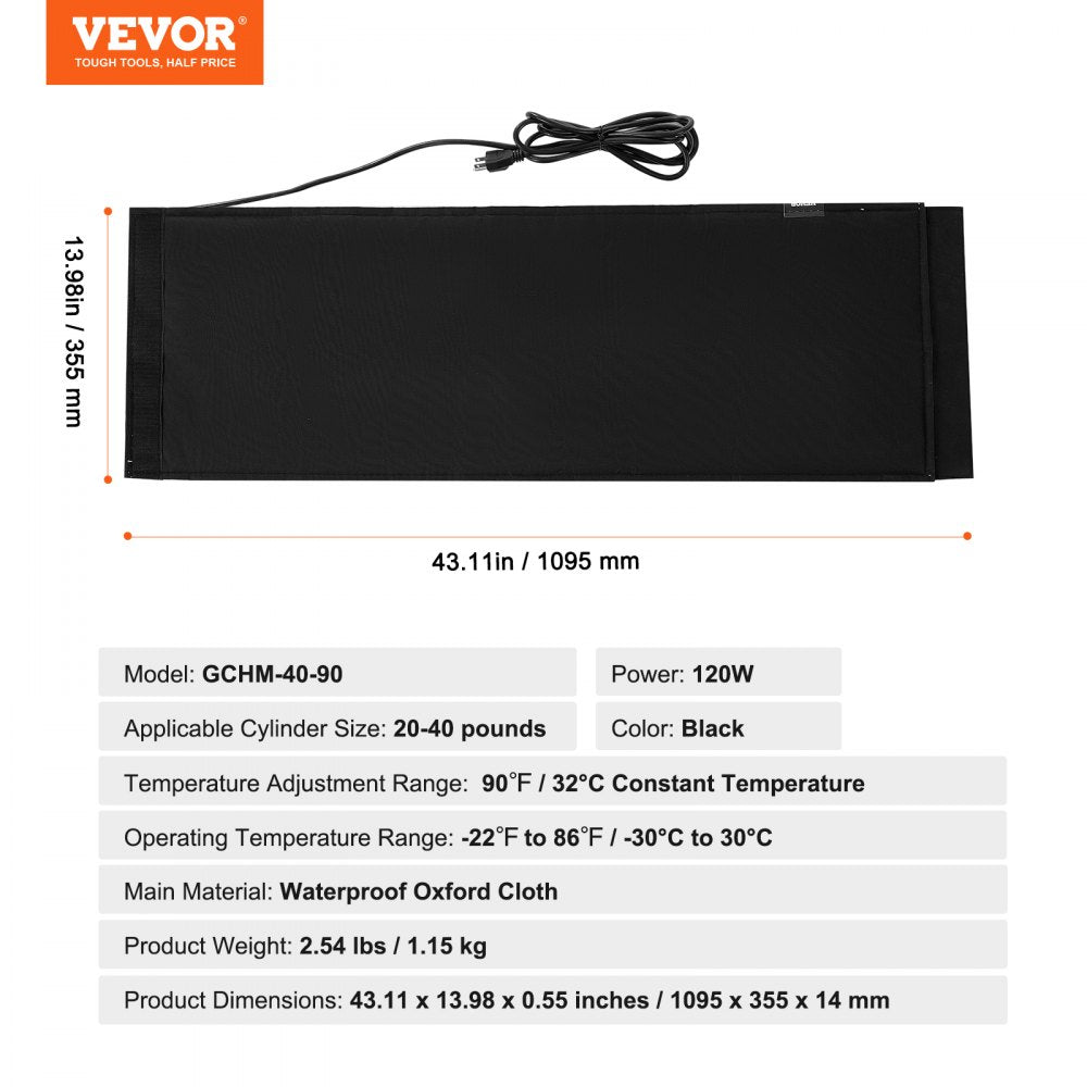 VEVOR Insulated Band Style Gas Cylinder Warmer, Fits 40 lbs Gas Tanks 120W Propane Heater, Fixed Internal Thermostat Max Temp 90 ℉, Durable Waterproof Oxford Fabric, FCC Listed