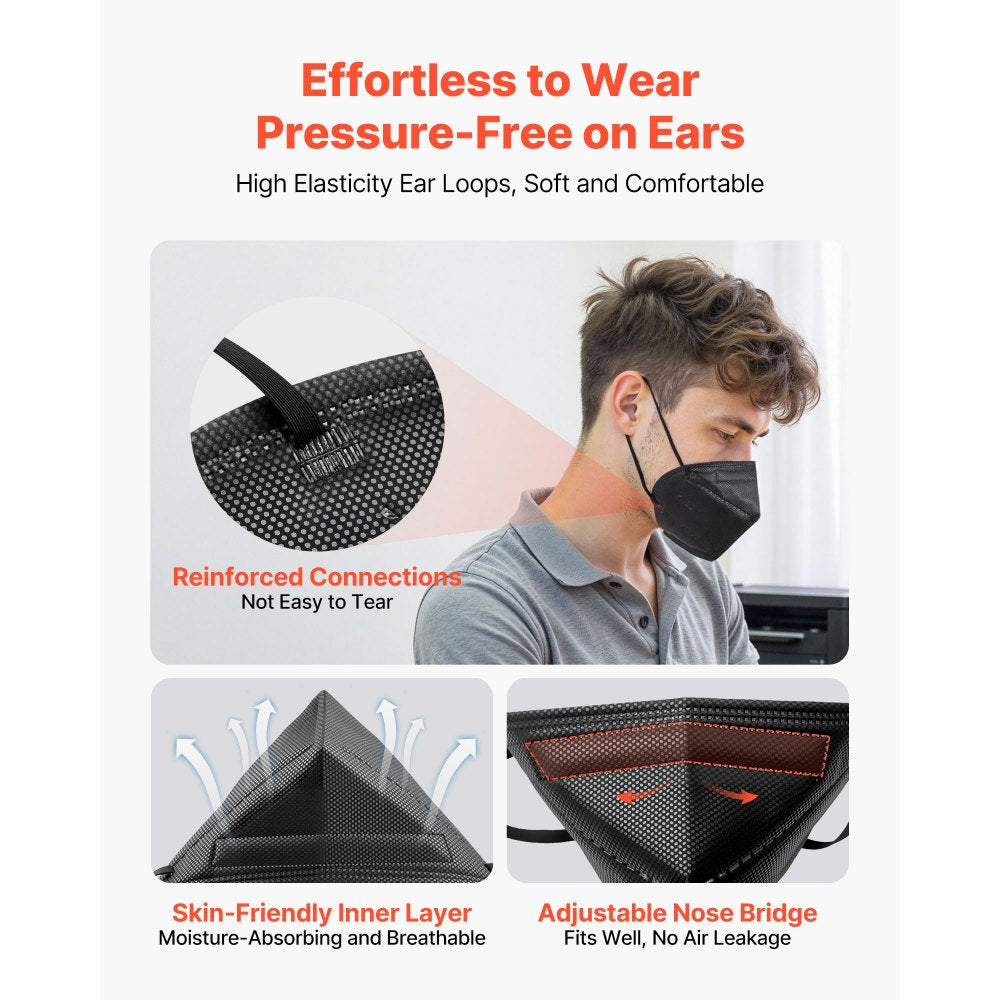 VEVOR KN95 Face Masks, 50 Pack KN95 Particulate Respirator Mask, Breathable and Disposable, Five-Layer Filtration Dust Masks, Pollen-Filtering Allergy Mask, for Workshop, Construction & Mall (Black)