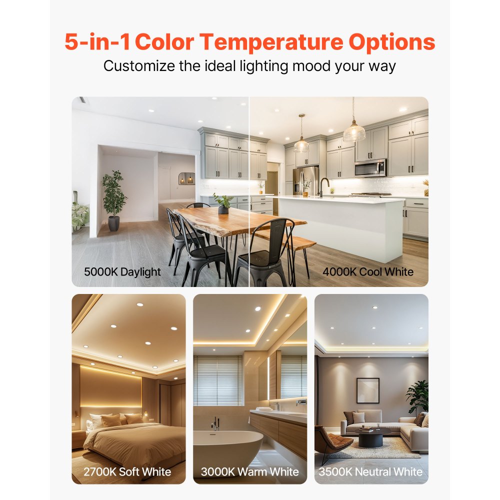 VEVOR 10 Pack LED Recessed Lighting, 4 Inches, Retrofit Can Lights, 750 LM 9W 120V, Selectable 5CCT 2700K/3000K/3500K/4000K/5000K, 10% to 100% Dimmable, Compatible with E26 Base and TP24 Connector