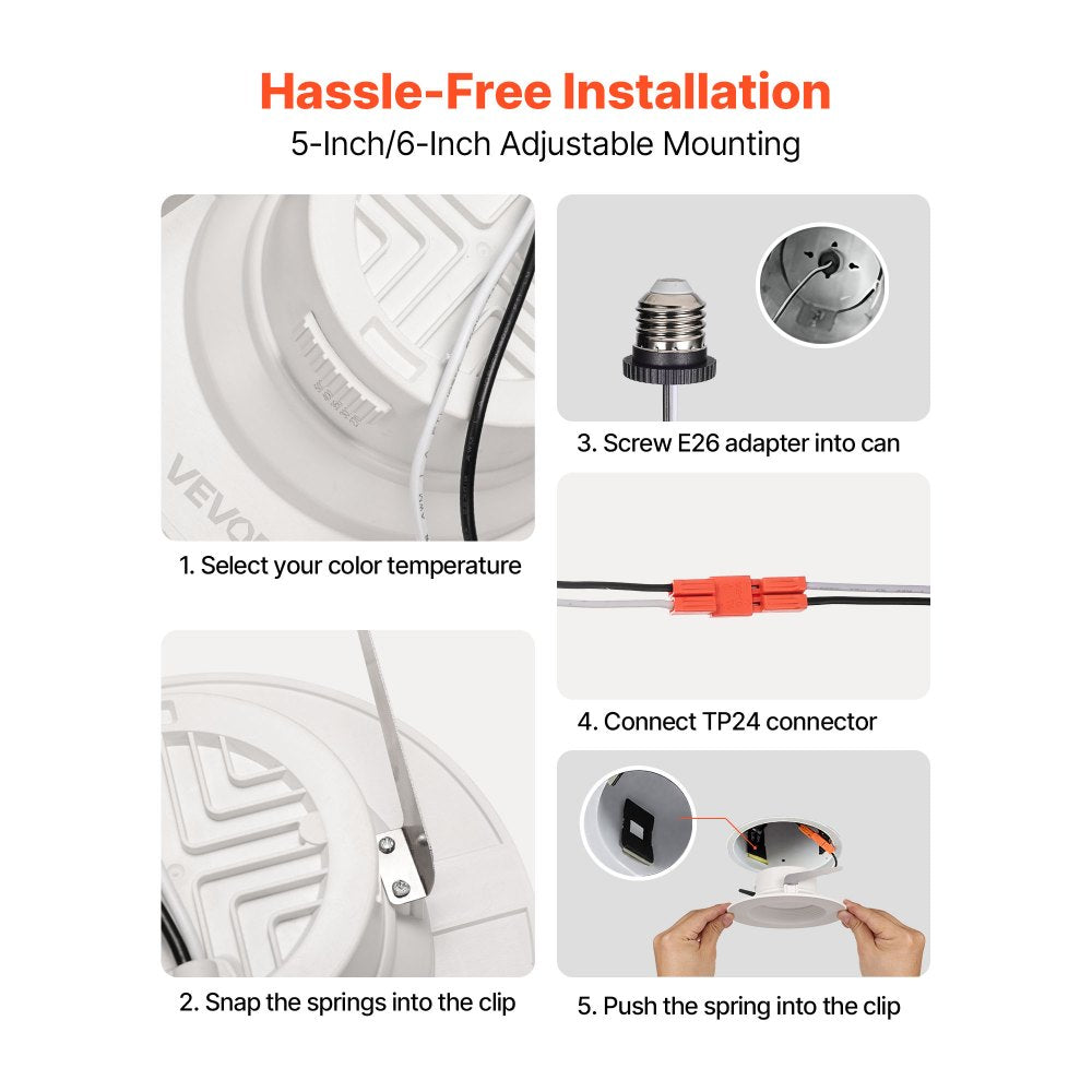 VEVOR 10 Pack LED Recessed Lighting, 4 Inches, Retrofit Can Lights, 750 LM 9W 120V, Selectable 5CCT 2700K/3000K/3500K/4000K/5000K, 10% to 100% Dimmable, Compatible with E26 Base and TP24 Connector