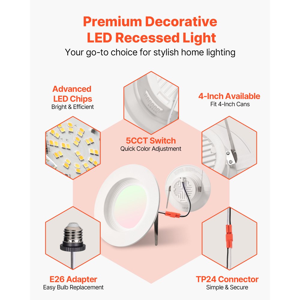 VEVOR 10 Pack LED Recessed Lighting, 4 Inches, Retrofit Can Lights, 750 LM 9W 120V, Selectable 5CCT 2700K/3000K/3500K/4000K/5000K, 10% to 100% Dimmable, Compatible with E26 Base and TP24 Connector
