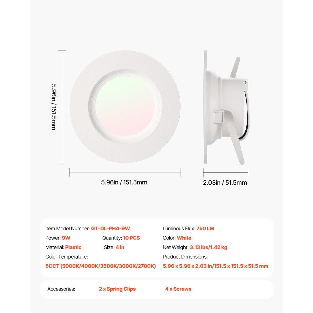 VEVOR 10 Pack LED Recessed Lighting, 4 Inches, Retrofit Can Lights, 750 LM 9W 120V, Selectable 5CCT 2700K/3000K/3500K/4000K/5000K, 10% to 100% Dimmable, Compatible with E26 Base and TP24 Connector