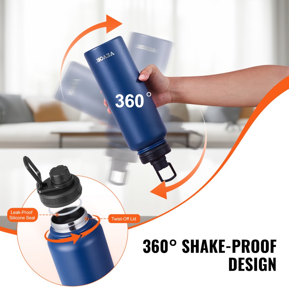 VEVOR 40 oz Insulated Water Bottle, Stainless Steel Camping & Hiking Hydration Flask with Wide Mouth Lid, Sports Coffee Cup Double Walled, Leakproof, for Indoor/Outdoor Use, FDA Listed,Blue