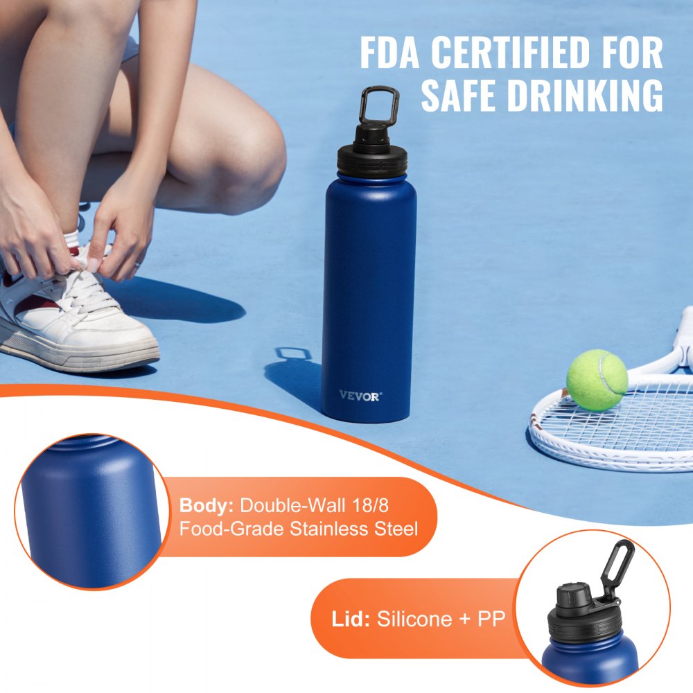 VEVOR 40 oz Insulated Water Bottle, Stainless Steel Camping & Hiking Hydration Flask with Wide Mouth Lid, Sports Coffee Cup Double Walled, Leakproof, for Indoor/Outdoor Use, FDA Listed,Blue