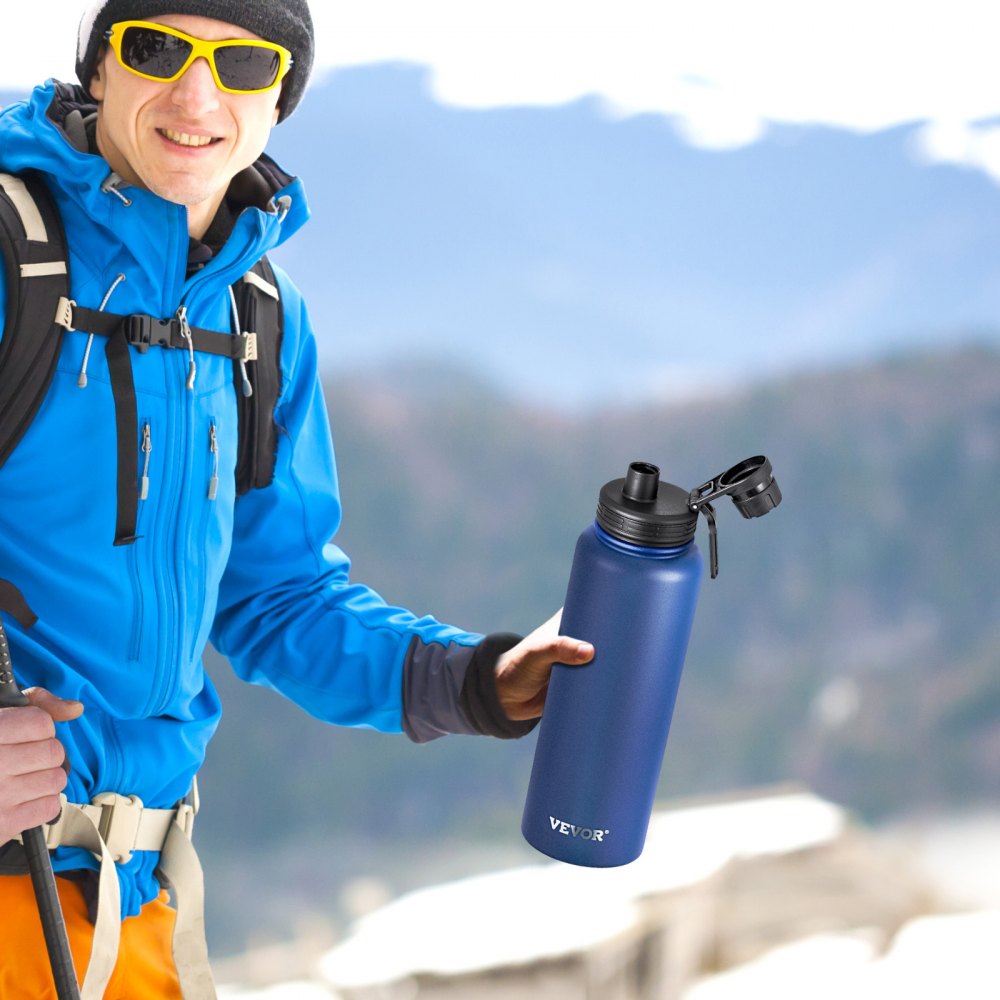VEVOR 40 oz Insulated Water Bottle, Stainless Steel Camping & Hiking Hydration Flask with Wide Mouth Lid, Sports Coffee Cup Double Walled, Leakproof, for Indoor/Outdoor Use, FDA Listed,Blue