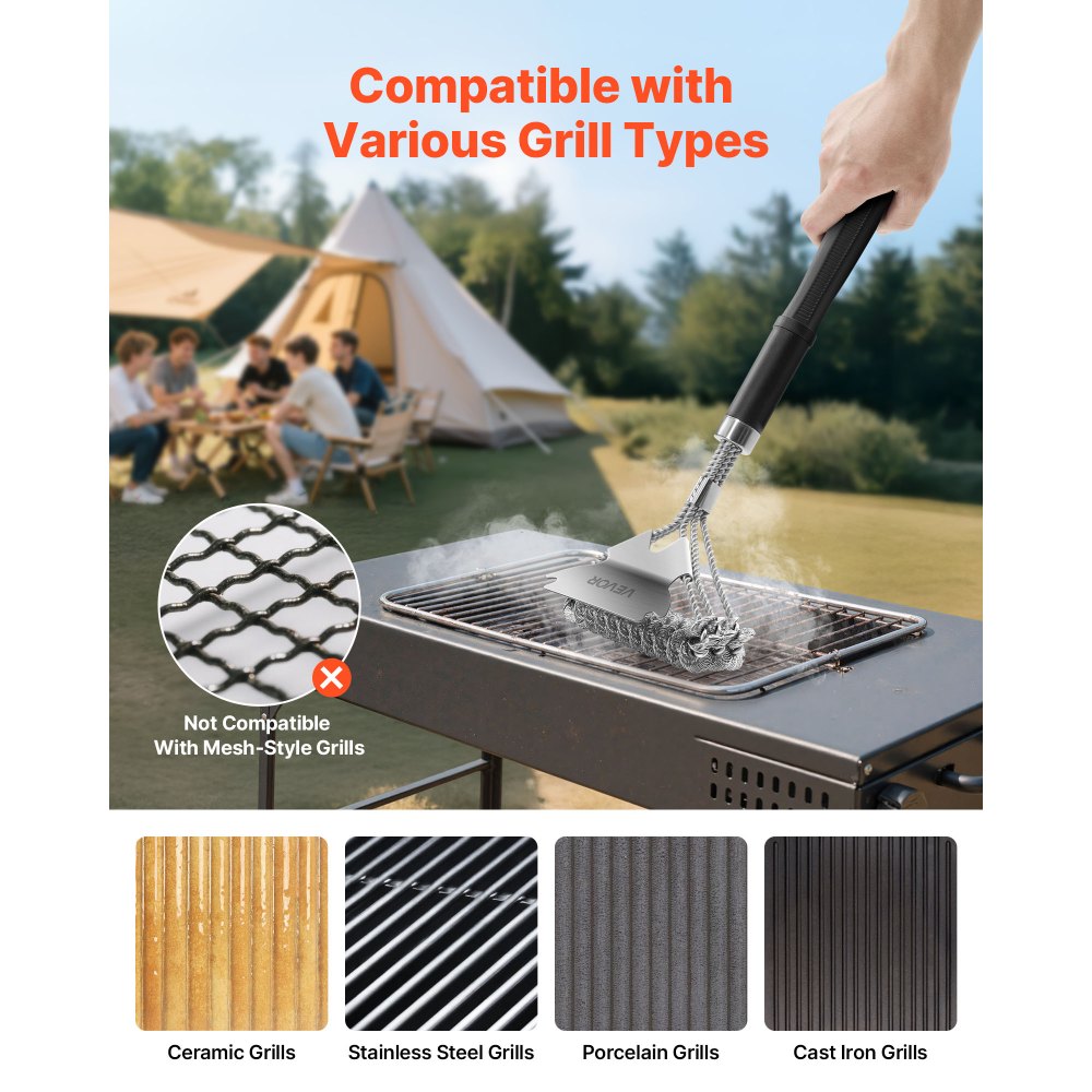 VEVOR Grill Brush and Scraper, BBQ Brush for Outdoor Grills, Stainless Steel Woven Wire, Bristle Free Barbecue Brushes for Porcelain, Charcoal, Grate Cleaner Grill Accessories, 17 in