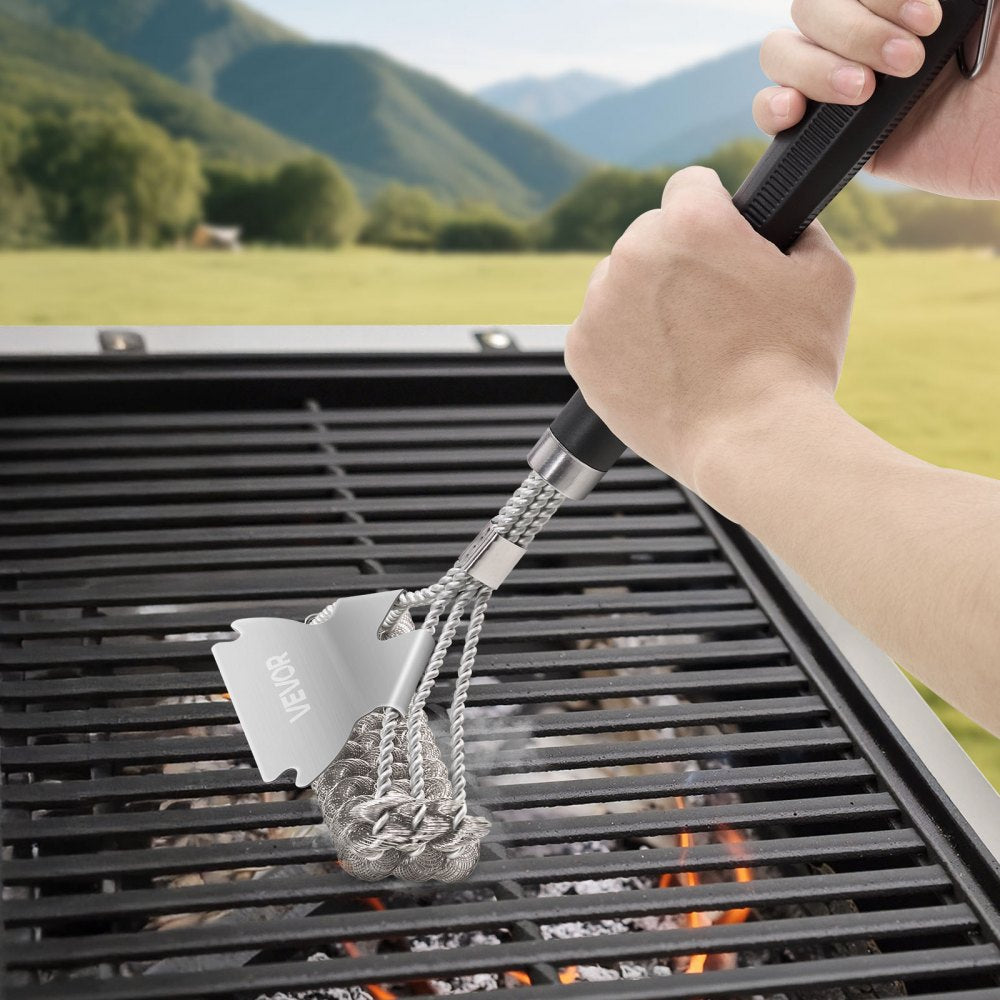 VEVOR Grill Brush and Scraper, BBQ Brush for Outdoor Grills, Stainless Steel Woven Wire, Bristle Free Barbecue Brushes for Porcelain, Charcoal, Grate Cleaner Grill Accessories, 17 in